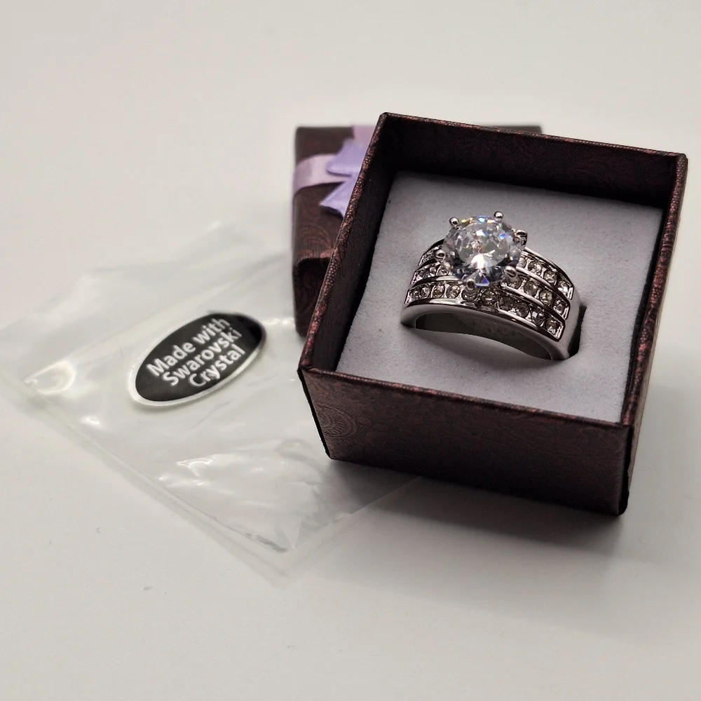 Swarovski Crystal Ring Size 7 | Round Diamond Look Statement Ring | Wide Band - Picture 3 of 16